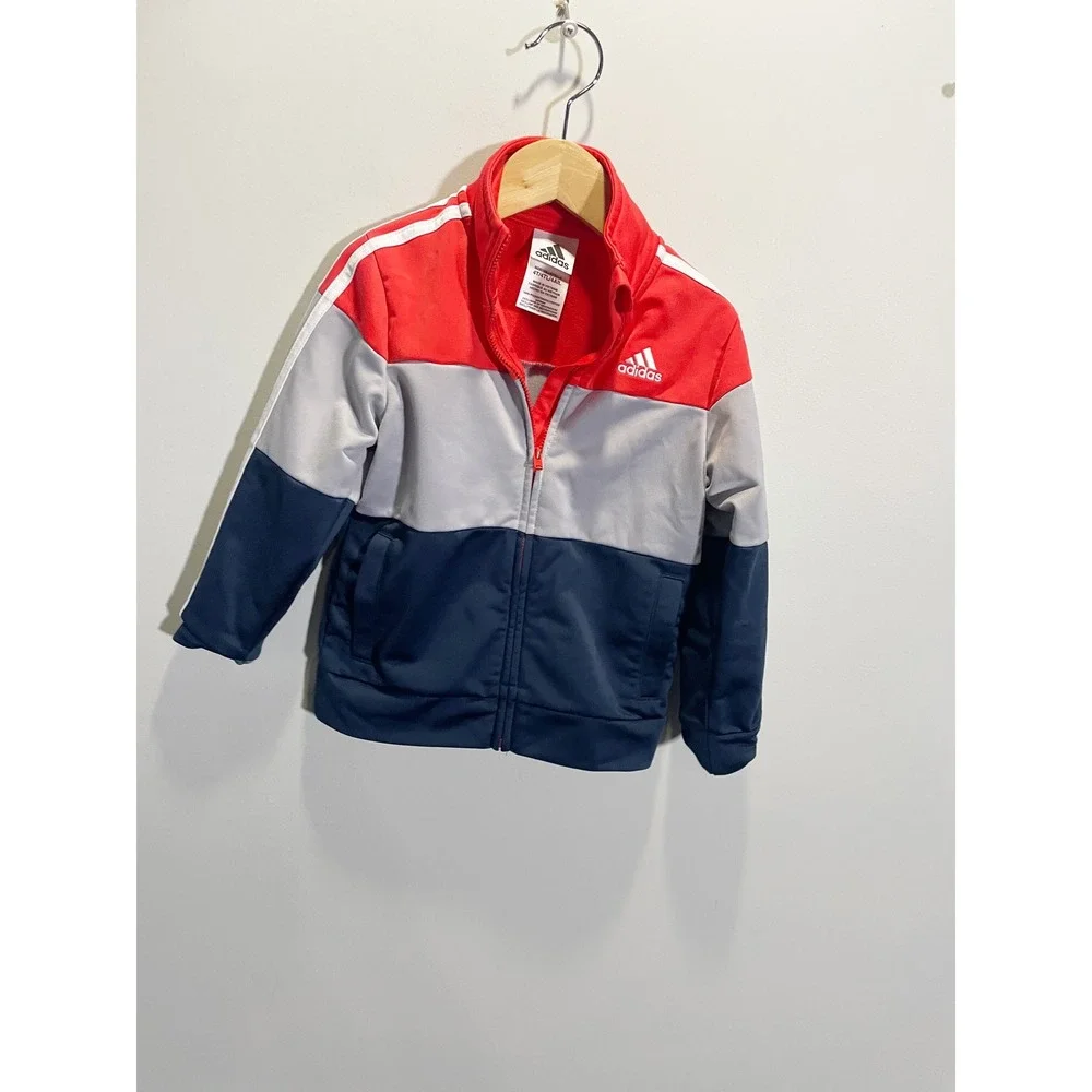 Adidas Track Jacket Kids 4T Red Grey Navy Colorblock Full Zip Sporty Activewear